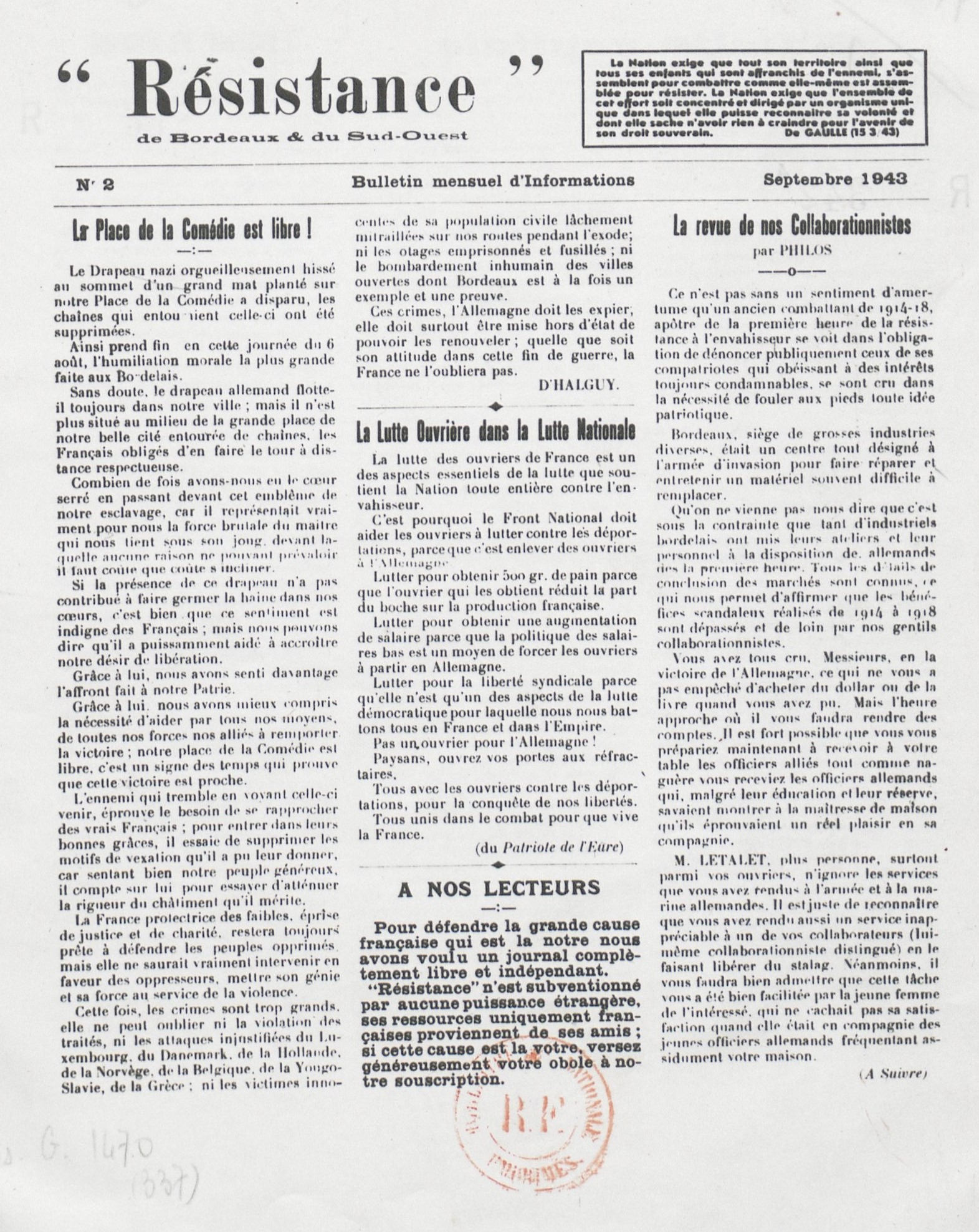 "Résistance" de Bordeaux & du Sud-Ouest (1943-1949)