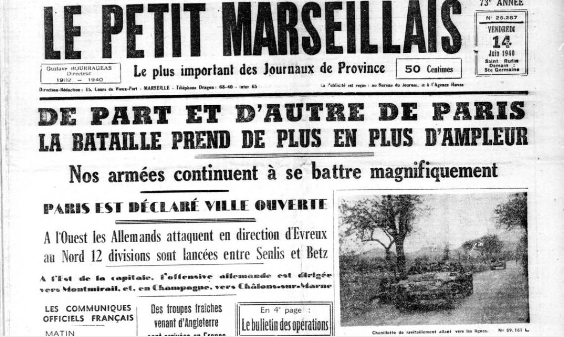 Une du Petit Marseillais le 14 juin 1940, le lendemain du discours de Paul Reynaud - source : RetroNews-BnF