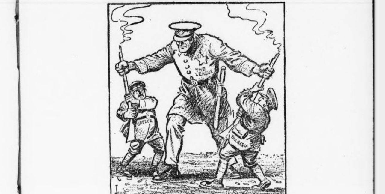 « Les incidents gréco-bulgares sont réglés par la Ligue des Nations », dessin paru dans La Revue mondiale, 1926 - source : RetroNews-BnF