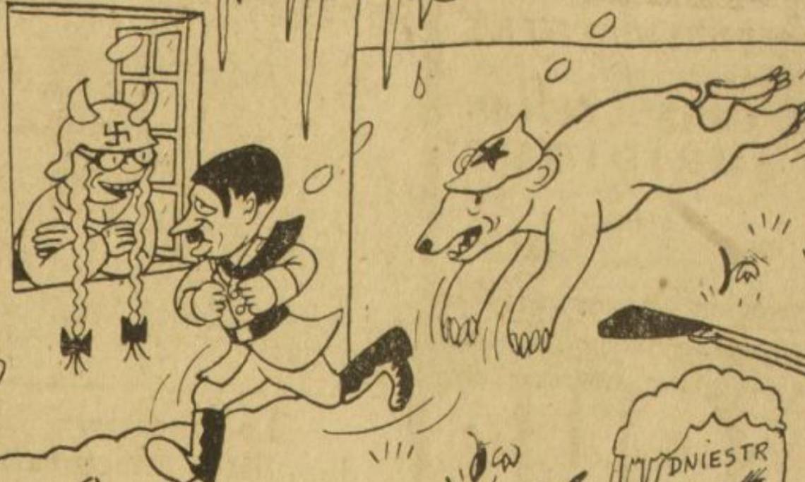 Hitler détalant devant l'ours soviétique, dessin de Jean Effel, France-Soir, 1944 - source : RetroNews-BnF 