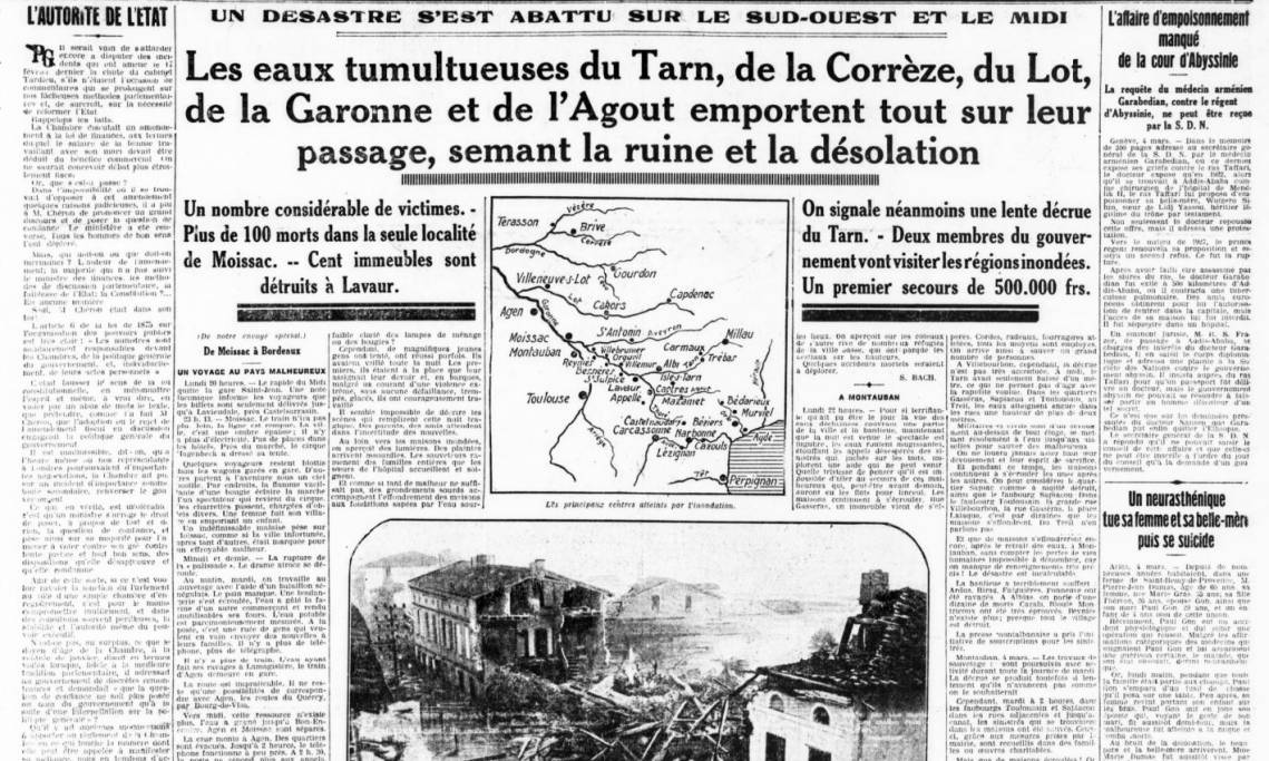 Une de La Petite Gironde au lendemain des effroyables inondations, 1930 – source : RetroNews-BnF