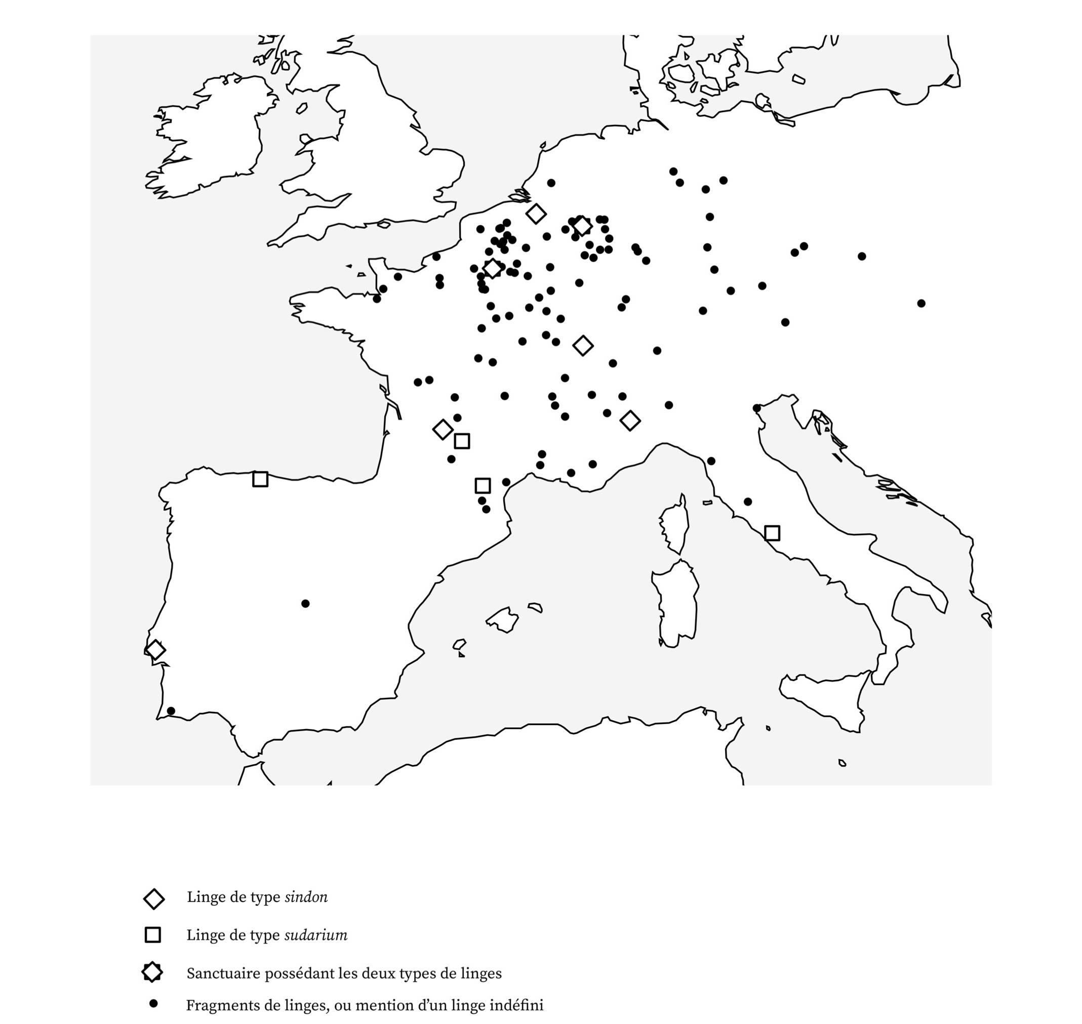 Carte des sanctuaires d’Occident ayant vénéré le suaire du Christ, du Moyen Âge à nos jours – source : CC-BY/Nicolas Sarzeaud