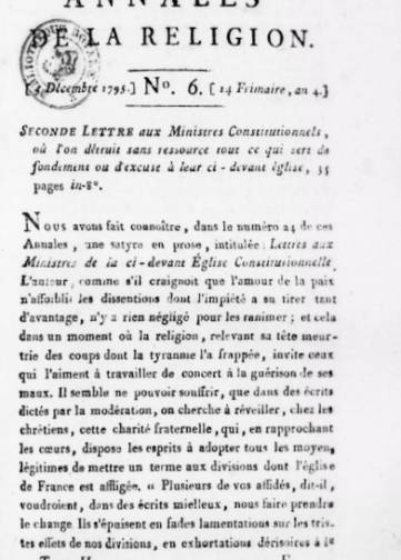 Annales de la religion, ou Mémoires pour servir à l'histoire du dix-huitième siècle (1795-1804)