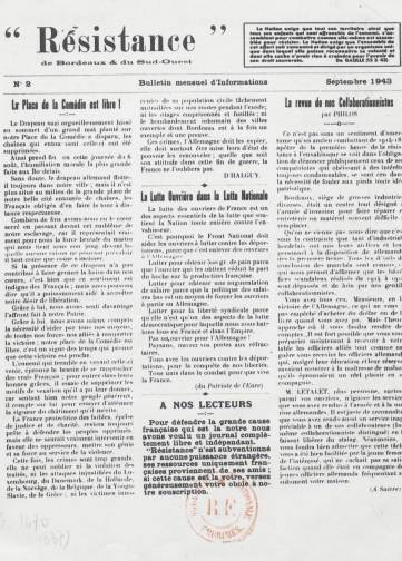 Couverture de Résistance de Bordeaux & du Sud-Ouest, publié le 01 août 1943