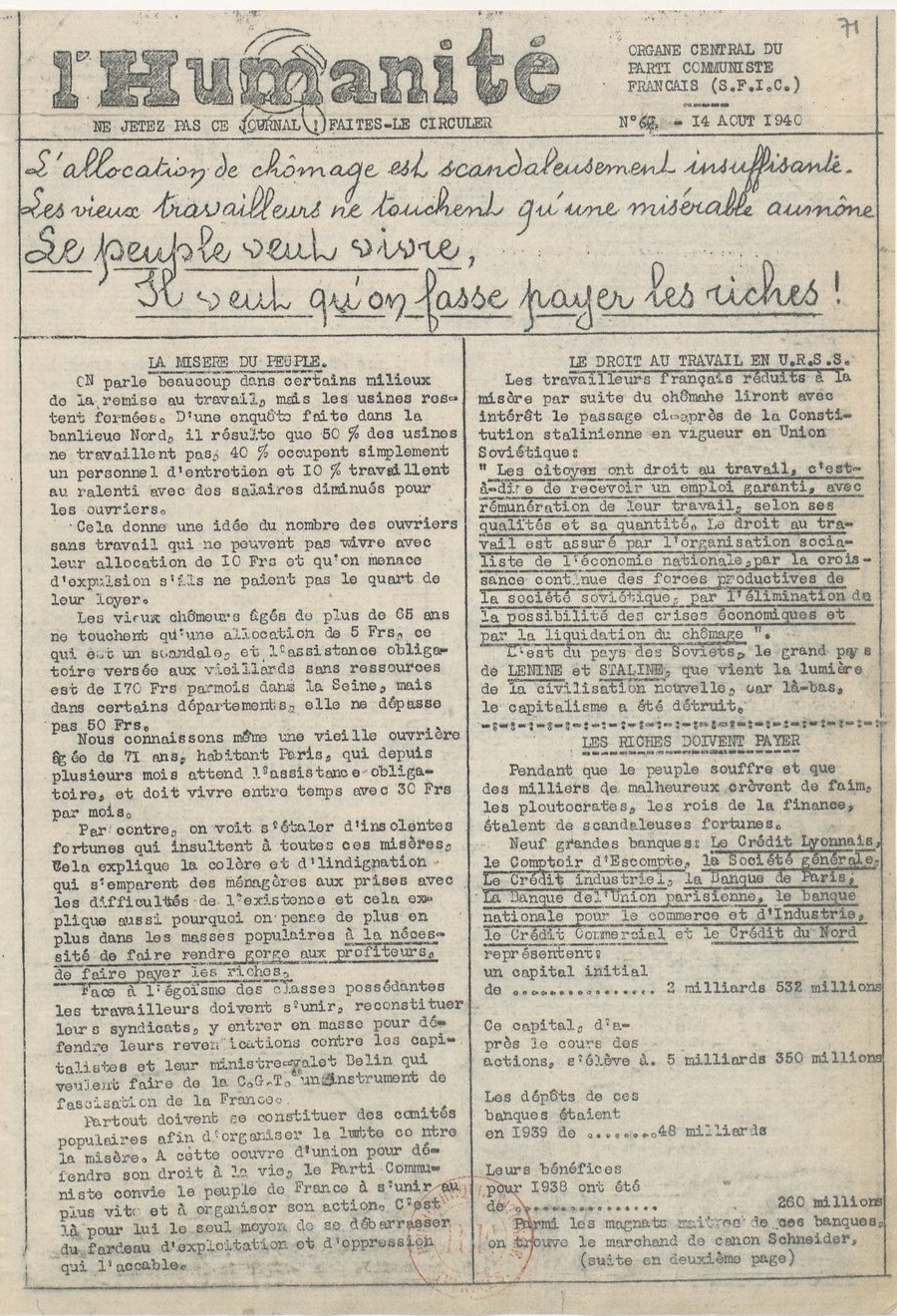 L'Humanité (Éd. clandestine, zone Nord) (1939-1944)